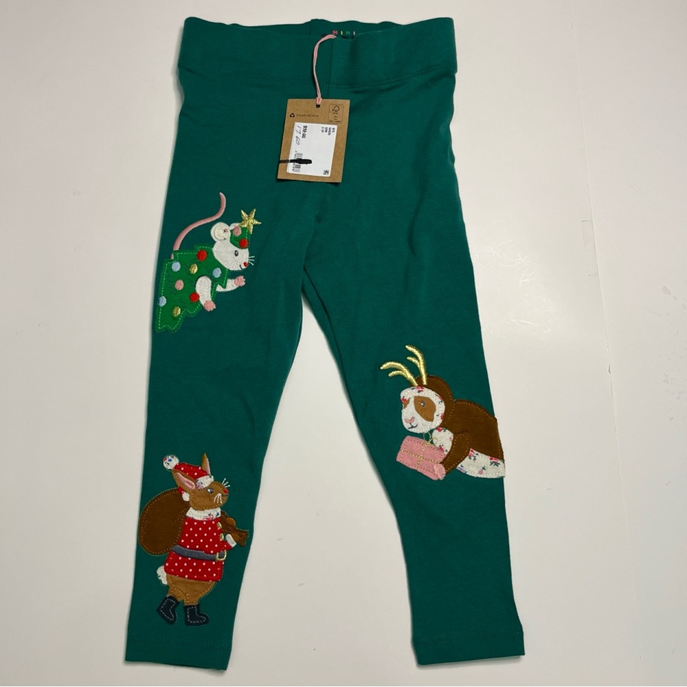 Mini Boden Appliqué Festive Green Mouse Rabbit Guinea Pig Leggings NWT - Picture 2 of 7